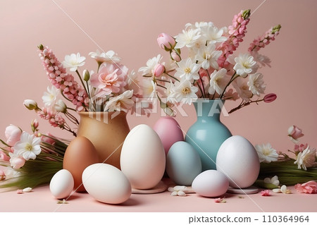 Realistic Easter greeting card, banner with flowers, Easter eggs and and flowers. 110364964