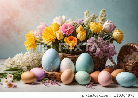 Realistic Easter greeting card, banner with flowers, Easter eggs and and flowers. 110364975
