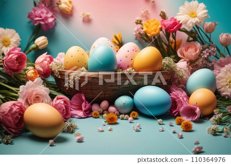Realistic Easter greeting card, banner with flowers, Easter eggs and and flowers. Realistic Easter greeting card, banner with flowers, Easter eggs and and flowers. 110364976
