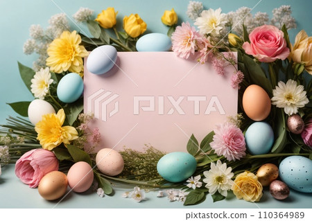 Realistic Easter greeting card, banner with flowers, Easter eggs and and flowers. Realistic Easter greeting card, banner with flowers, Easter eggs and and flowers. 110364989