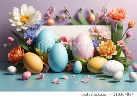 Realistic Easter greeting card, banner with flowers, Easter eggs and and flowers. Realistic Easter greeting card, banner with flowers, Easter eggs and and flowers. 110364994