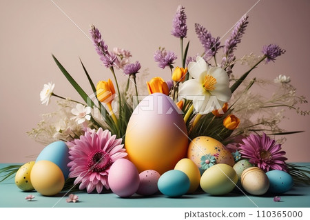 Realistic Easter greeting card, banner with flowers, Easter eggs and and flowers. 110365000