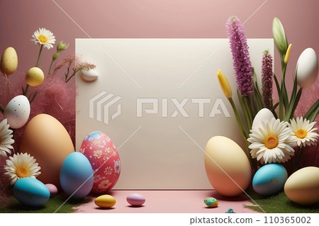 Realistic Easter greeting card, banner with flowers, Easter eggs and and flowers. Realistic Easter greeting card, banner with flowers, Easter eggs and and flowers. 110365002