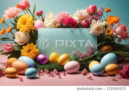 Realistic Easter greeting card, banner with flowers, Easter eggs and and flowers. Realistic Easter greeting card, banner with flowers, Easter eggs and and flowers. 110365015