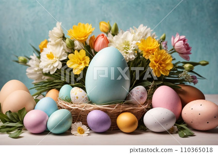 Realistic Easter greeting card, banner with flowers, Easter eggs and and flowers. Realistic Easter greeting card, banner with flowers, Easter eggs and and flowers. 110365018