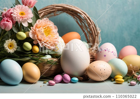 Realistic Easter greeting card, banner with flowers, Easter eggs and and flowers. 110365022