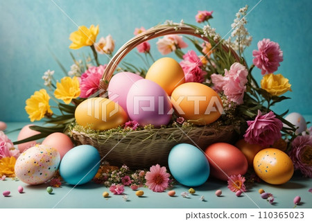 Realistic Easter greeting card, banner with flowers, Easter eggs and and flowers. Realistic Easter greeting card, banner with flowers, Easter eggs and and flowers. 110365023