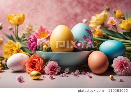 Realistic Easter greeting card, banner with flowers, Easter eggs and and flowers. 110365025