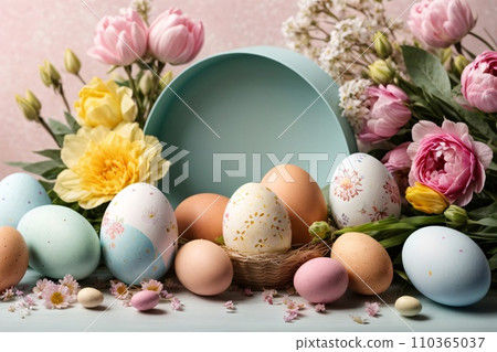 Realistic Easter greeting card, banner with flowers, Easter eggs and and flowers. 110365037
