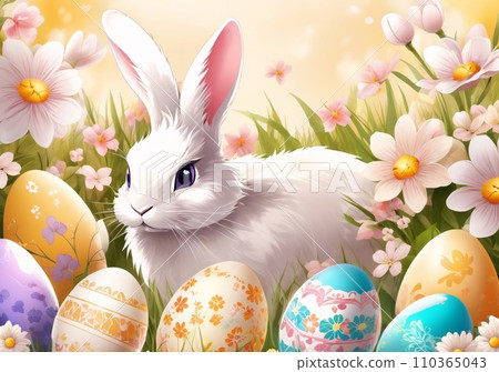 Realistic Easter greeting card, banner with flowers, Easter eggs and and flowers. 110365043