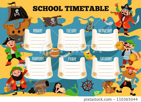Pirates kids planner. Funny school timetable. Weekly schedule with sea robbers. Sailing boat captain. Sailors and corsair ship. Filibusters crossbones flag. Splendid vector concept 110365044