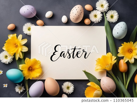 Realistic Easter greeting card, banner with flowers, Easter eggs and and flowers. 110365045