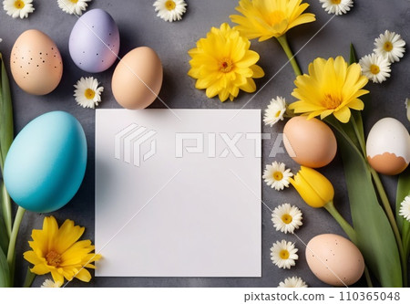 Realistic Easter greeting card, banner with flowers, Easter eggs and and flowers. 110365048