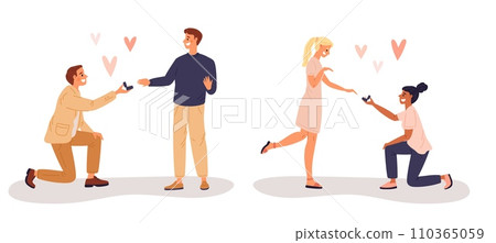 Gay guys and lesbian girls make love proposal. Homosexual relationship. LGBT family. Couple engagement. Young girlfriend and boyfriend on knees proposing wedding rings. Vector concept 110365059