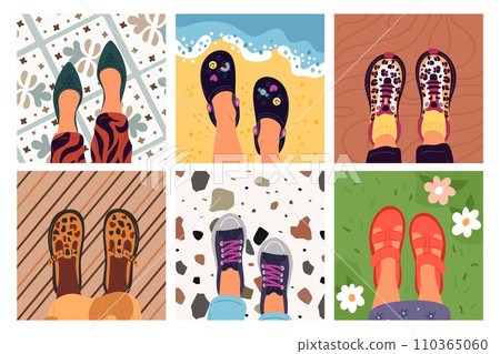 Feet selfie. Top view female legs in different type footwear. Foot on various surfaces. Popular social media snapshots. Girl footgear. Summer sandals or loafers pairs. Garish vector set Feet selfie. Top view female legs in different type footwear. Foot on various surfaces. Popular social media snapshots. Girl footgear. Summer sandals or loafers pairs. Garish vector set 110365060