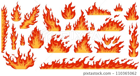 Cartoon fire. Red flame. Differently curved burning. Different directions and intensity. Bonfires or fiery borders. Orange blaze. Inferno element. Hot temperature. Recent vector set 110365062