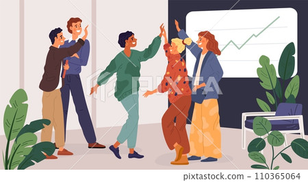 Business team give five. Successful employees express joy of victory. Congratulatory group gesture. People beat palms. Collogues cooperation. Workers clap hands. Garish vector concept 110365064