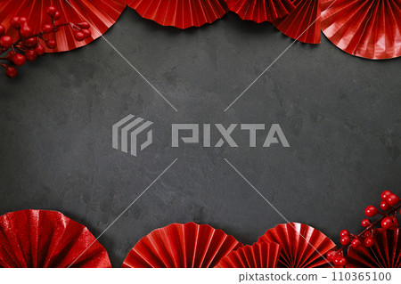 Chinese new year festival decorations with red Chinese folded fans. 110365100