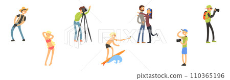 People Character Take Photo Posing and Smiling and Cameraman Vector Set 110365196