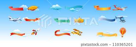 Air Vehicle Flying in Blue Sky with Ribbon Vector Set Air Vehicle Flying in Blue Sky with Ribbon Vector Set 110365201
