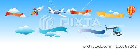 Air Vehicle Flying in Blue Sky with Ribbon Vector Set 110365208