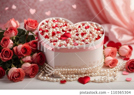 Valentine day. Colorful roses, balloons and hearts. 110365304