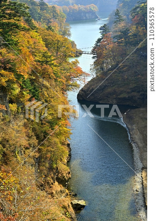 A retrospective suspension bridge in the Shiobara Valley with autumn leaves 110365578