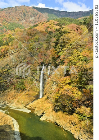 Reminiscence waterfall in Shiobara Valley with autumn leaves Reminiscence waterfall in Shiobara Valley with autumn leaves 110365582