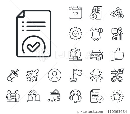 Accepted file sign. Salaryman, gender equality and alert bell outline icons. Approved document line icon. Verification symbol. Approved document line sign. Spy or profile placeholder icon. Vector 110365684
