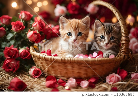 Valentine day. Cute kitten puppies inside a straw basket, colorful roses and balloons, hearts, white candle, vivid colorful background Valentine day. Cute kitten puppies inside a straw basket, colorful roses and balloons, hearts, white candle, vivid colorful background 110365695