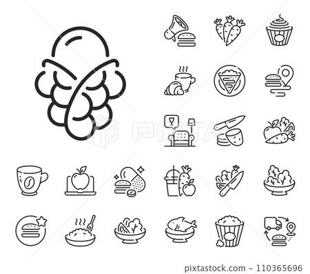 Vanilla sundae cone sign. Crepe, sweet popcorn and salad outline icons. Ice cream bubble waffle line icon. Frozen summer dessert symbol. Ice cream line sign. Pasta spaghetti, fresh juice icon. Vector Vanilla sundae cone sign. Crepe, sweet popcorn and salad outline icons. Ice cream bubble waffle line icon. Frozen summer dessert symbol. Ice cream line sign. Pasta spaghetti, fresh juice icon. Vector 110365696