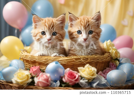 Valentine day. Cute kitten puppies inside a straw basket, colorful roses and balloons, hearts, white candle, vivid colorful background Valentine day. Cute kitten puppies inside a straw basket, colorful roses and balloons, hearts, white candle, vivid colorful background 110365715