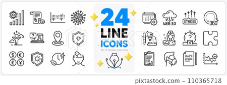 Icons set of Medical shield, Faq and Location line icons pack for app with Nurse, Charging time, Depression treatment thin outline icon. 360 degrees, Seo analysis, Sun protection pictogram. Vector Icons set of Medical shield, Faq and Location line icons pack for app with Nurse, Charging time, Depression treatment thin outline icon. 360 degrees, Seo analysis, Sun protection pictogram. Vector 110365718