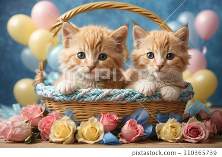 Valentine day. Cute kitten puppies inside a straw basket, colorful roses and balloons, hearts, white candle, vivid colorful background Valentine day. Cute kitten puppies inside a straw basket, colorful roses and balloons, hearts, white candle, vivid colorful background 110365739