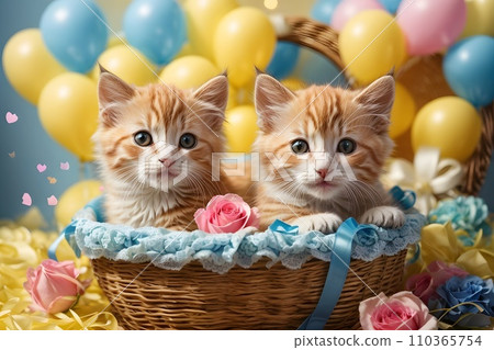 Valentine day. Cute kitten puppies inside a straw basket, colorful roses and balloons, hearts, white candle, vivid colorful background Valentine day. Cute kitten puppies inside a straw basket, colorful roses and balloons, hearts, white candle, vivid colorful background 110365754