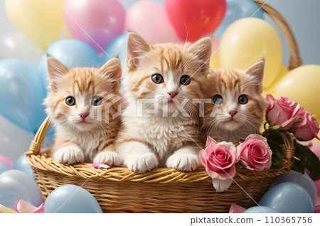 Valentine day. Cute kitten puppies inside a straw basket, colorful roses and balloons, hearts, white candle, vivid colorful background Valentine day. Cute kitten puppies inside a straw basket, colorful roses and balloons, hearts, white candle, vivid colorful background 110365756
