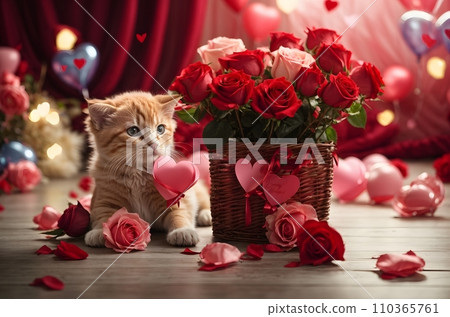 Valentine day. Cute kitten puppies inside a straw basket, colorful roses and balloons, hearts, white candle, vivid colorful background Valentine day. Cute kitten puppies inside a straw basket, colorful roses and balloons, hearts, white candle, vivid colorful background 110365761