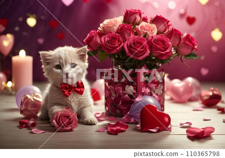 Valentine day. Cute kitten puppies inside a straw basket, colorful roses and balloons, hearts, white candle, vivid colorful background Valentine day. Cute kitten puppies inside a straw basket, colorful roses and balloons, hearts, white candle, vivid colorful background 110365798