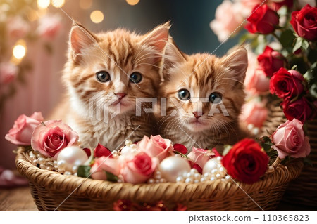 Valentine day. Cute kitten puppies inside a straw basket, colorful roses and balloons, hearts, white candle, vivid colorful background Valentine day. Cute kitten puppies inside a straw basket, colorful roses and balloons, hearts, white candle, vivid colorful background 110365823