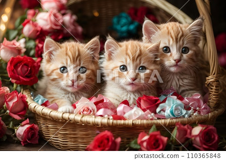 Valentine day. Cute kitten puppies inside a straw basket, colorful roses and balloons, hearts, white candle, vivid colorful background Valentine day. Cute kitten puppies inside a straw basket, colorful roses and balloons, hearts, white candle, vivid colorful background 110365848