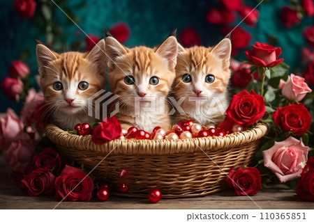 Valentine day. Cute kitten puppies inside a straw basket, colorful roses and balloons, hearts, white candle, vivid colorful background Valentine day. Cute kitten puppies inside a straw basket, colorful roses and balloons, hearts, white candle, vivid colorful background 110365851