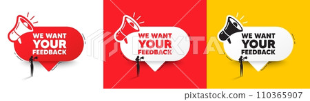 We want your feedback tag. Speech bubble with megaphone and woman silhouette. Survey or customer opinion sign. Client comment. Your feedback chat speech message. Woman with megaphone. Vector 110365907