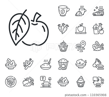 Fresh fruit sign. Crepe, sweet popcorn and salad outline icons. Apple line icon. Natural food symbol. Apple line sign. Pasta spaghetti, fresh juice icon. Supply chain. Vector 110365908