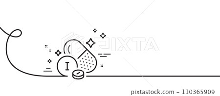 Iodine mineral line icon. Continuous one line with curl. Chemical element I sign. Capsule or pill symbol. Iodine mineral single outline ribbon. Loop curve pattern. Vector 110365909