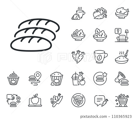 Bakery food sign. Crepe, sweet popcorn and salad outline icons. Bread line icon. Pastry baguette symbol. Bread line sign. Pasta spaghetti, fresh juice icon. Supply chain. Vector 110365923