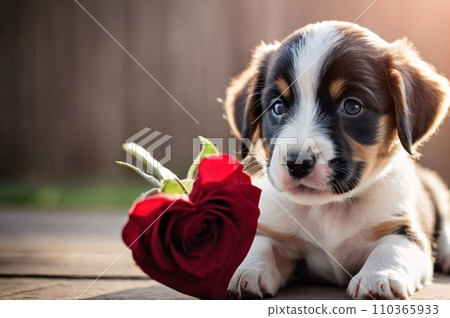 A background for valentines day banner with cute puppies surrounded with colorful balloons and hearts. 110365933