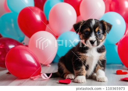 A background for valentines day banner with cute puppies surrounded with colorful balloons and hearts. A background for valentines day banner with cute puppies surrounded with colorful balloons and hearts. 110365973