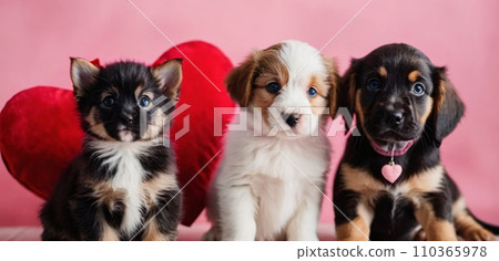 A background for valentines day banner with cute puppies surrounded with colorful balloons and hearts. A background for valentines day banner with cute puppies surrounded with colorful balloons and hearts. 110365978