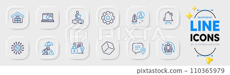 Teamwork, Chat bubble and 5g technology line icons for web app. Pack of Startup, Seo laptop, Settings gear pictogram icons. Security contract, Dice, Risk management signs. Neumorphic buttons. Vector Teamwork, Chat bubble and 5g technology line icons for web app. Pack of Startup, Seo laptop, Settings gear pictogram icons. Security contract, Dice, Risk management signs. Neumorphic buttons. Vector 110365979