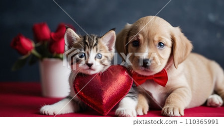 A background for valentines day banner with cute puppies surrounded with colorful balloons and hearts. 110365991